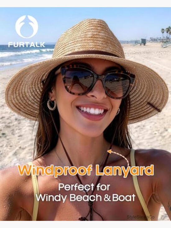 Wheat Straw Wide Brim Fedora Sun Hat with Wind Lanyard UPF 80+ Protection